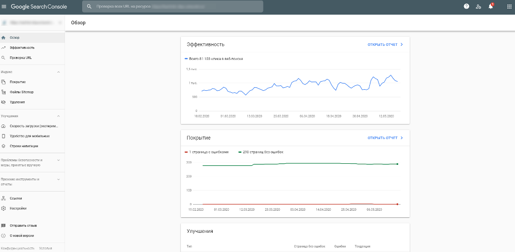Рабочее окно Google Serach Console